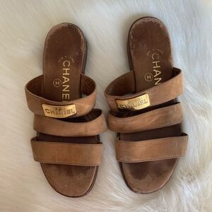 ISO: CHANEL Vintage Gold Logo Plate Suede Slide Sandals Size 35-36 *DO NOT BUY*